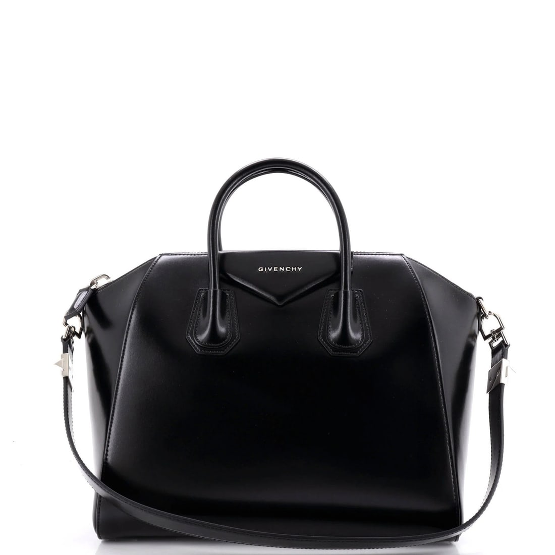 Glazed Leather Bag Givenchy Medium: Glazed Leather Bag Givenchy Medium Black Glazed Leather Givenchy Medium Antigona Satchel with Silver Hardware, featuring a medium size with 3.5" handle drop and 11" strap drop, available in great
