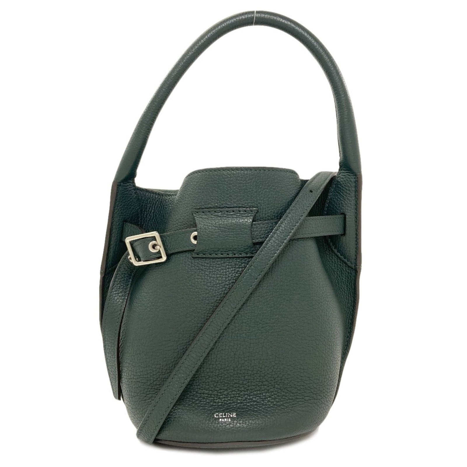 Celine Handbag Leather: Celine Handbag Leather Calfskin leather green handbag with a 32cm handle and adjustable strap length, measuring 20cm x 25cm x 15cm. This Celine handbag features a classic design with a natural,