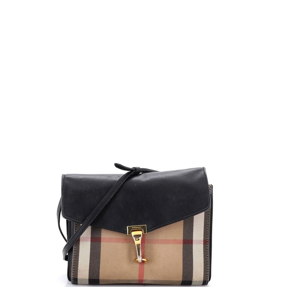 Macken Crossbody Bag Leather Small House Check Canvas Burberry: Macken Crossbody Bag Leather Small House Check Canvas Burberry Black leather exterior with a subtle House Check canvas interior, this small crossbody bag from Burberry features a gold-toned strap and