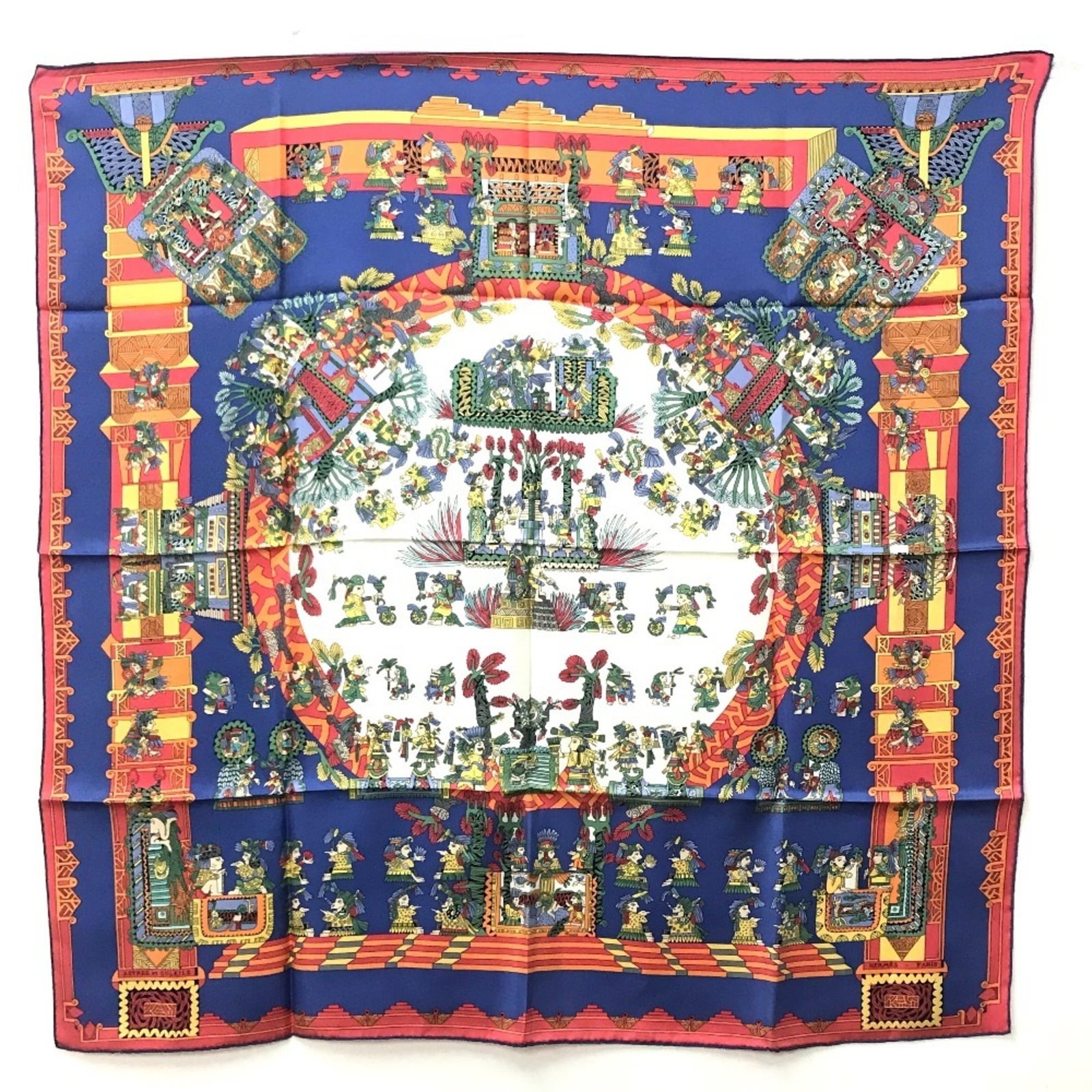 Silk Hermes Scarf: Silk Hermes Scarf Silk from the renowned French fashion house, this 88cm x 88cm blue, multi-color, and red silk scarf is crafted from high-quality materials, making it a beautiful addition to any