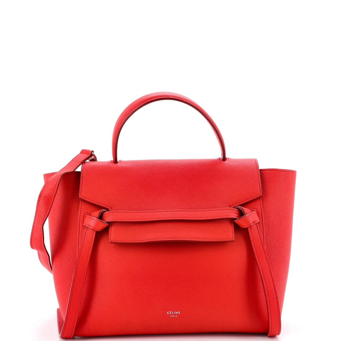 Textured Leather Belt Bag Celine Micro: Textured Leather Belt Bag Celine Micro The Celine Micro Textured Leather Belt Bag boasts a striking red exterior with subtle edge wear and minor scuffs, adding a touch of understated sophistication.
