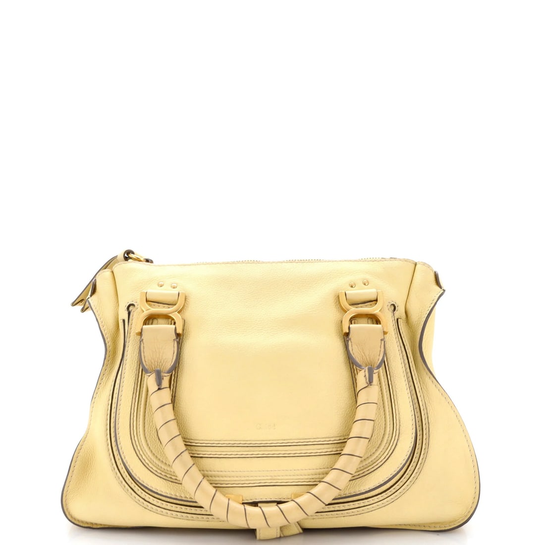 Chloe Marcie Shoulder Medium Leather Bag: Chloe Marcie Shoulder Medium Leather Bag The Chloe Marcie Shoulder Medium Leather Bag features a bright yellow exterior with a mix of heavy cracking, edge wear, and minor scuffs. The bag's interior bo