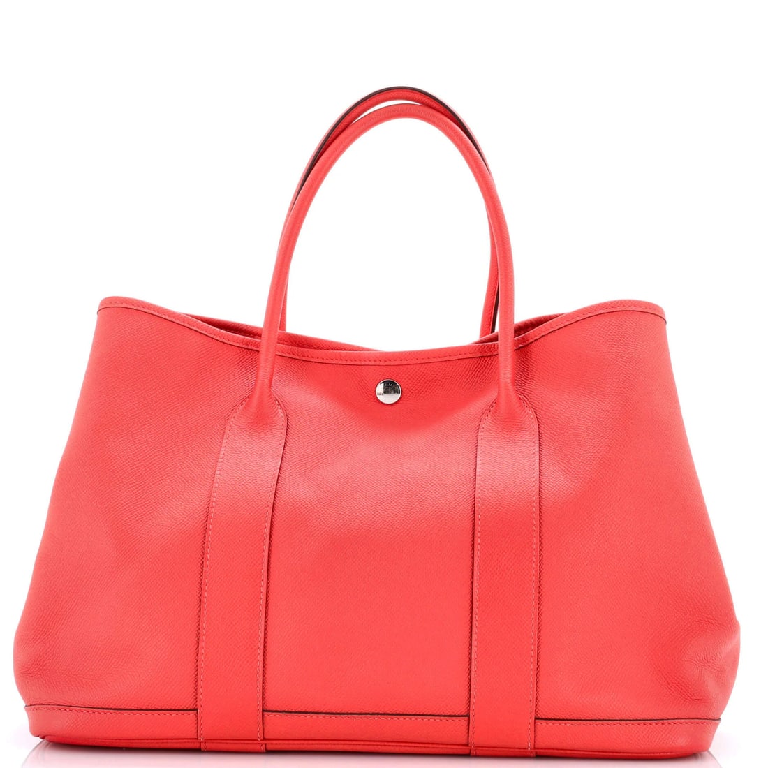 Tote Leather Party Garden Hermes: Tote Leather Party Garden Hermes Pink leather tote bag with neutral interior, featuring palladium hardware and a garden party design. The bag has a classic 36" size with a 6" handle drop, and shows si