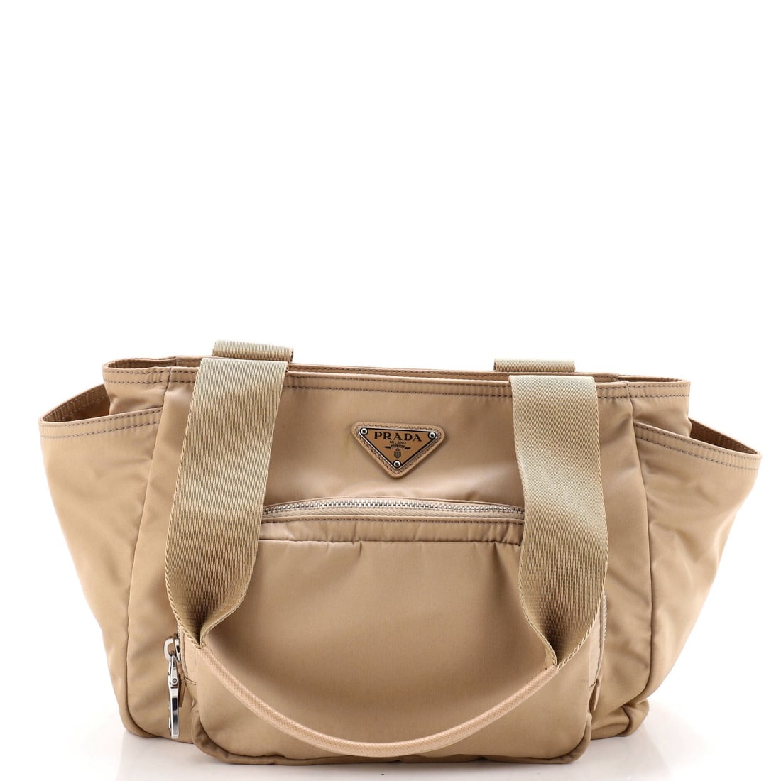 Necessaire Bag Diaper Prada Tessuto: Necessaire Bag Diaper Prada Tessuto The Prada Tessuto Necessaire Bag is a neutral-toned tote made from high-quality fabric, featuring a subtle exterior design and a spacious interior. Minor edge wear