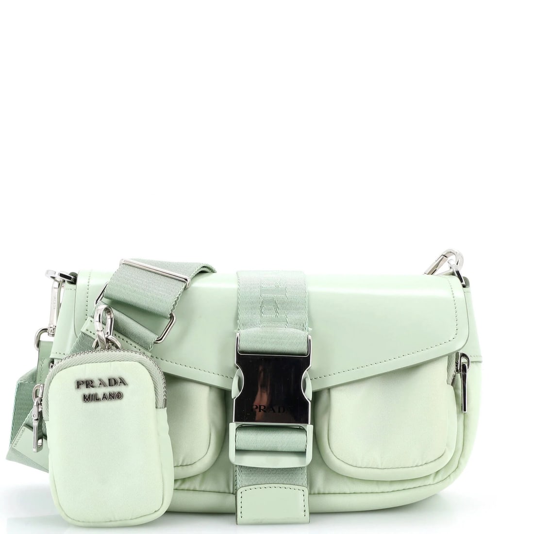 Buckle Pocket Crossbody Bag Spazzolato Leather Tessuto Prada: Buckle Pocket Crossbody Bag Spazzolato Leather Tessuto Prada The Prada Buckle Pocket Crossbody Bag features a striking green exterior made from a combination of leather and nylon, with a unique spazzo