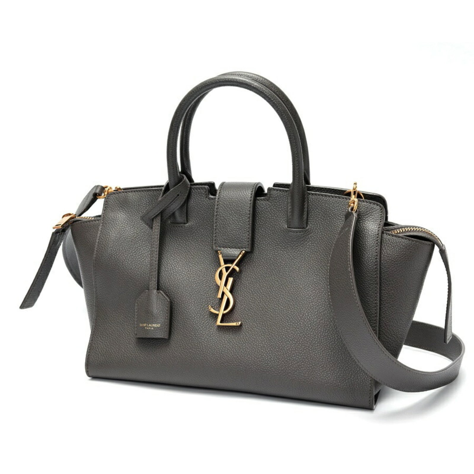 Handbag Saint Laurent Leather: Handbag Saint Laurent Leather Gray Saint Laurent Leather Handbag. This Italian-made handbag features a classic design with a gray leather exterior, complemented by a clochette and dust bag for added