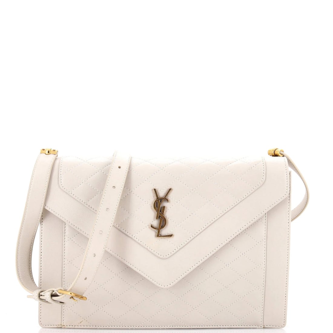 Leather Quilted Satchel Envelope by Saint Laurent: Leather Quilted Satchel Envelope by Saint Laurent Neutral-toned quilted leather envelope satchel by Saint Laurent, featuring a classic cross-body design with a 13-16" adjustable strap drop, and a