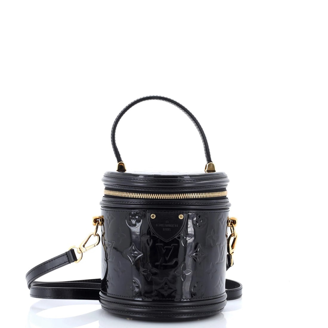 Louis Vuitton Vernis Monogram Cannes Handbag: Louis Vuitton Vernis Monogram Cannes Handbag Patent leather exterior in black, the Louis Vuitton Vernis Monogram Cannes Handbag features a classic cross body design with a gold-toned lock and keys.