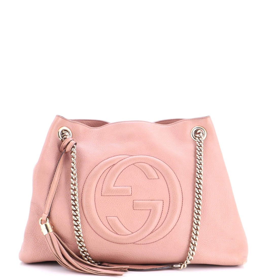 Leather Medium Gucci Bag Strap Chain Soho: Leather Medium Gucci Bag Strap Chain Soho Pink leather medium Gucci Soho chain strap shoulder bag features a distinctive pink exterior with heavy corner wear, scuffs, creases, edge wear, and minor