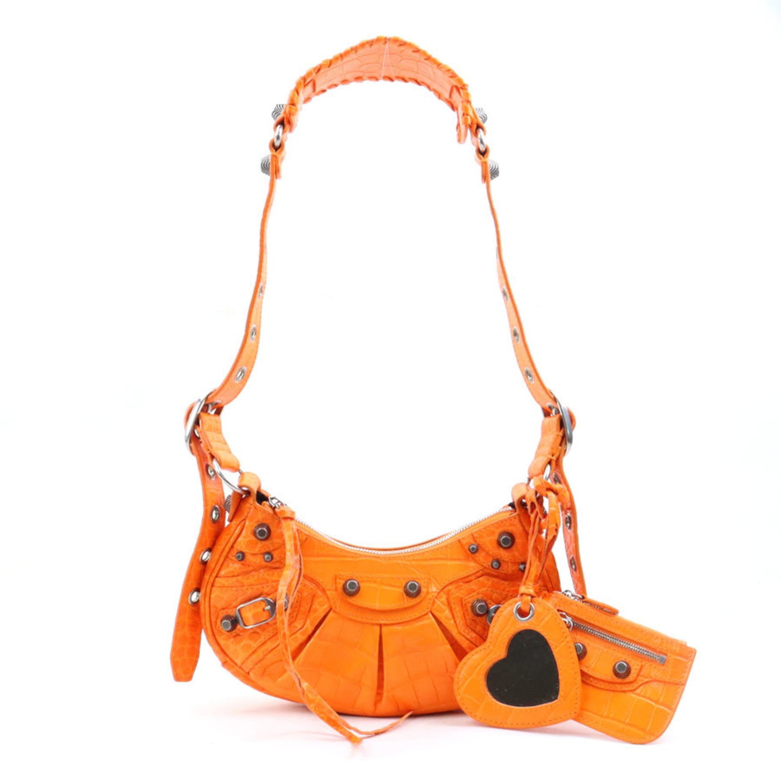 Leather Bag Pouch Shoulder Balenciaga: Leather Bag Pouch Shoulder Balenciaga This Balenciaga leather pouch shoulder bag boasts a vibrant orange color and sleek design, making it a stylish accessory for any woman. Measuring 11.5cm x 24cm x