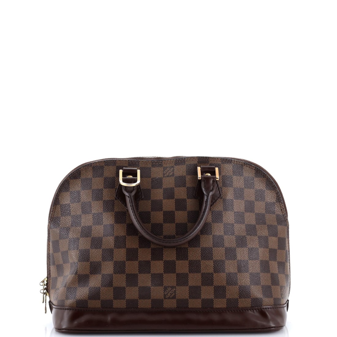Louis Vuitton Alma Handbag Damier PM: Louis Vuitton Alma Handbag Damier PM Brown Louis Vuitton Alma Handbag Damier PM with canvas coated exterior, featuring a top handle and gold hardware, measures 9" tall, 12" wide, and 6" deep. The