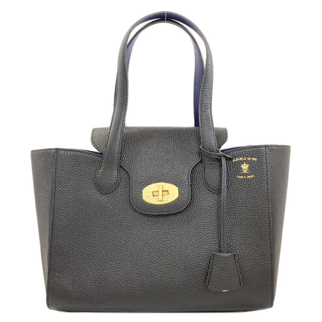 Leather Tote Bag Admj Logo: Leather Tote Bag Admj Logo Black leather tote bag with ADMJ logo, made from high-quality leather exterior. This stylish tote bag features a classic design with a bold logo, perfect for everyday use.