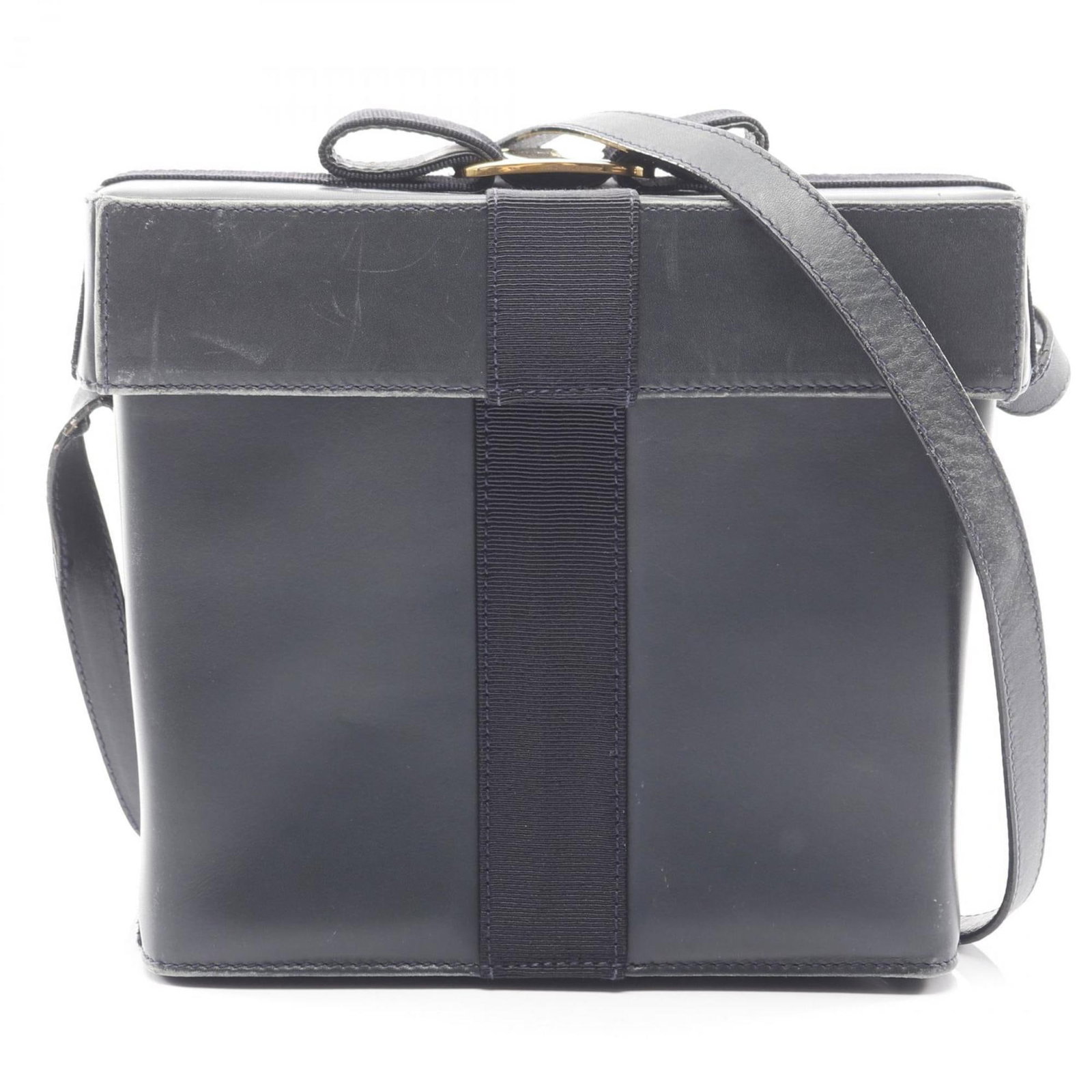 Ferragamo Leather Shoulder Bag: Ferragamo Leather Shoulder Bag Navy leather shoulder bag from Salvatore Ferragamo, measuring 17cm x 18cm x 9cm. Made from high-quality leather, this classic design features a timeless silhouette with 