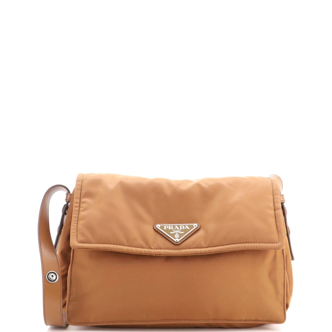 Padded Flap Shoulder Bag Re Nylon Medium: Padded Flap Shoulder Bag Re Nylon Medium Padded flap shoulder bag with a medium size, featuring a brown exterior made of nylon and a matching brown interior. The bag has a classic messenger style