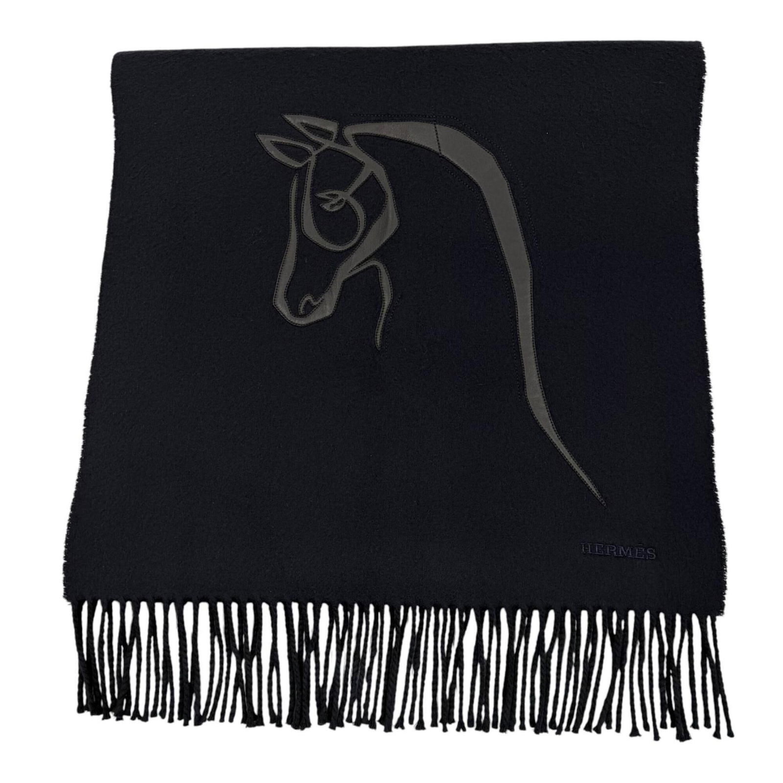 Hermes Stole Cashmere Leather: Hermes Stole Cashmere Leather Cashmere and leather blend in this striking stole from Hermes, measuring 1.6m x 41.5cm in size. The black and navy color options showcase the luxurious material, while