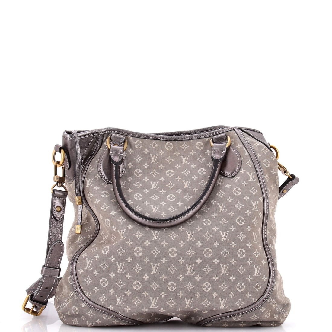 Mini Louis Vuitton Angele Handbag: Mini Louis Vuitton Angele Handbag Gray canvas mini Louis Vuitton Angele handbag with aged gold hardware, featuring a neutral interior and sturdy construction. Measuring 13" tall, 14" wide, and 2"