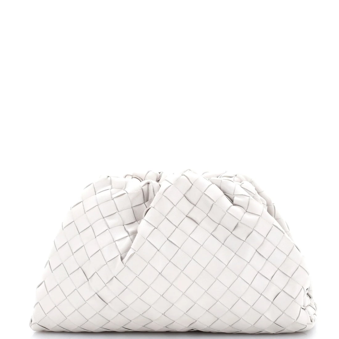 Pouch Intrecciato Nappa Teen Bottega: Pouch Intrecciato Nappa Teen Bottega White leather exterior with Intrecciato pattern, gold hardware, and white interior. Measures 6" height, 12" width, and 5" depth. Minor scuffs on exterior and