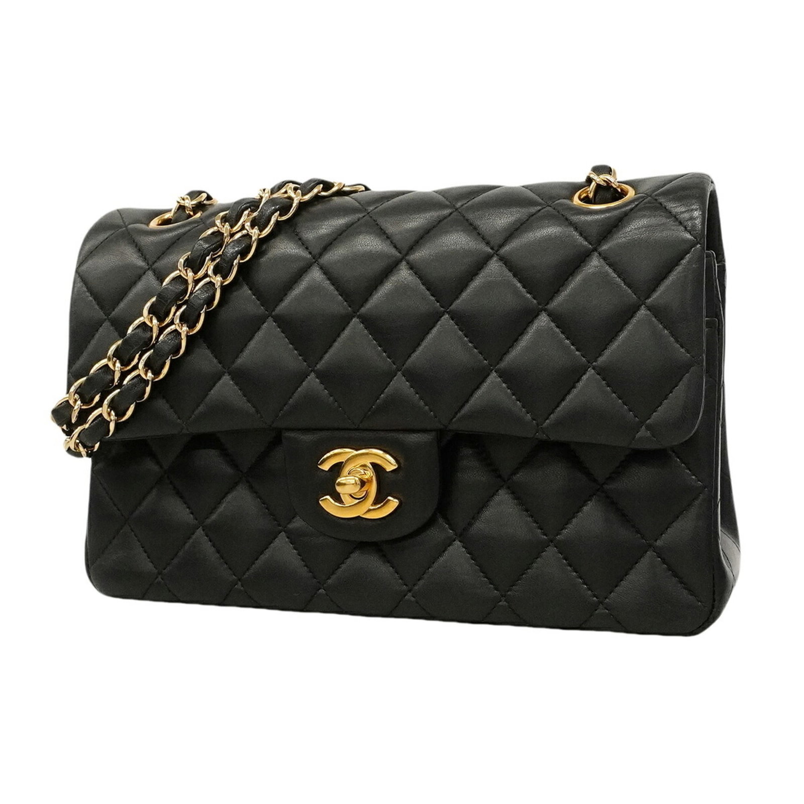 Shoulder Bag Leather Chanel: Shoulder Bag Leather Chanel Black leather shoulder bag with gold hardware, featuring lambskin material and a classic design. Measuring 15cm x 23cm x 6cm, this stylish bag is a timeless accessory for w