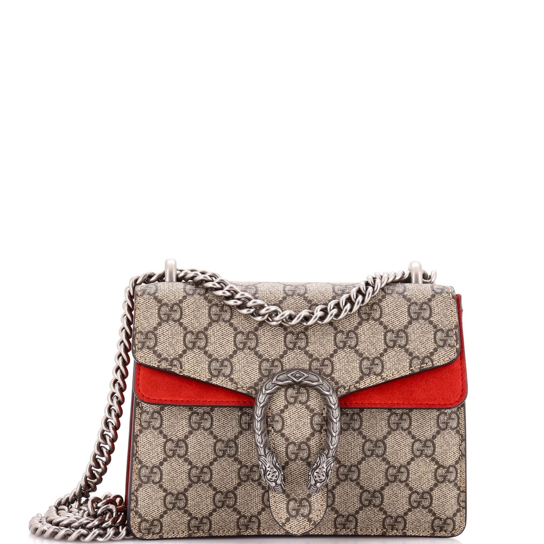 Gucci Coated Canvas Bag GG Dionysus Mini: Gucci Coated Canvas Bag GG Dionysus Mini The Gucci Coated Canvas Bag GG Dionysus Mini boasts a classic cross body design with a timeless brown exterior, adorned with a signature GG logo. Measuring 6" 