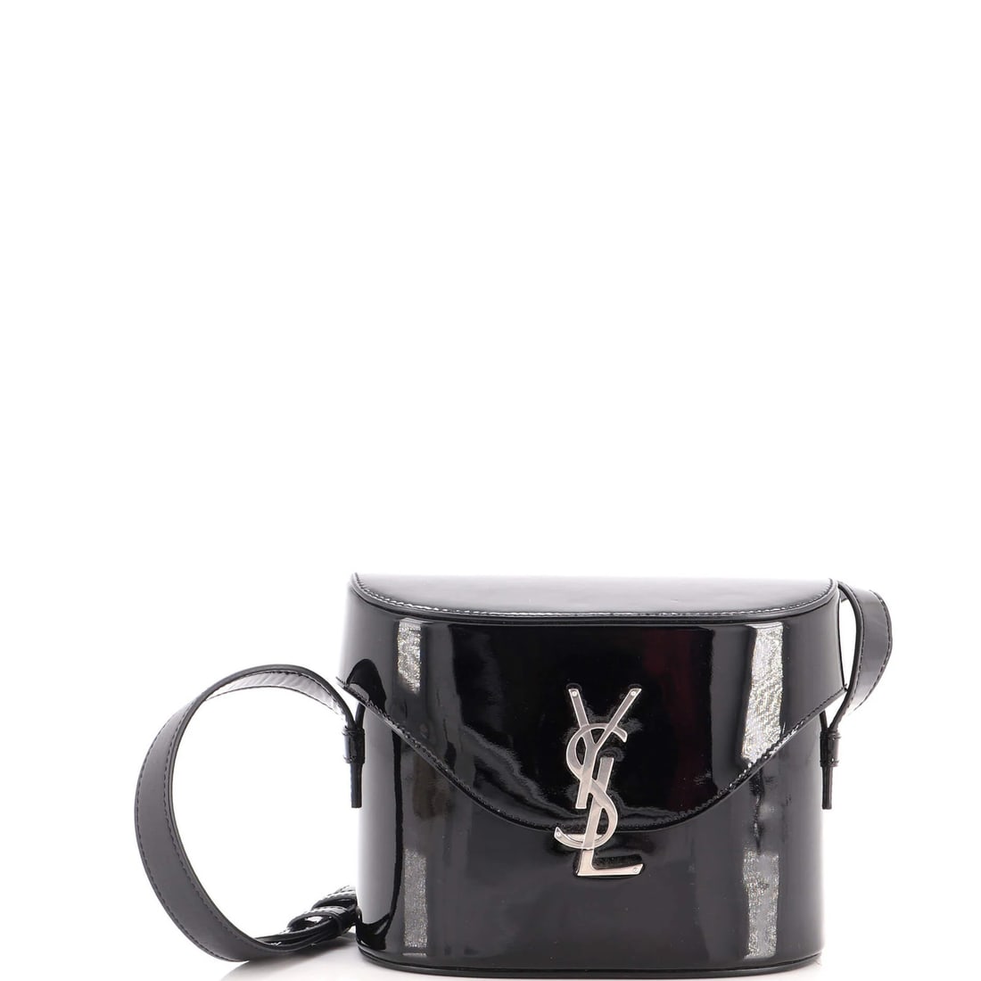 Patent Saint Laurent Box June Bag: Patent Saint Laurent Box June Bag Patent Saint Laurent Box June Bag - A stylish and iconic shoulder bag with a patent leather exterior in black, featuring a silver buckle and a spacious interior.