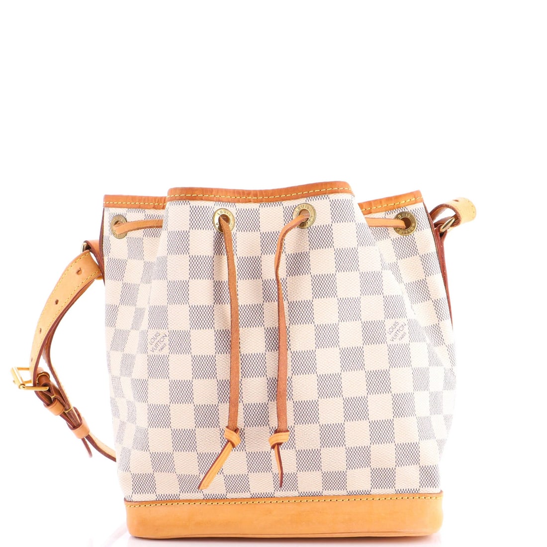 Louis Vuitton Damier BB Noe Handbag: Louis Vuitton Damier BB Noe Handbag White canvas coated Louis Vuitton Damier BB Noe bucket handbag with neutral interior, featuring gold hardware and a signature. The bag has a fair condition with