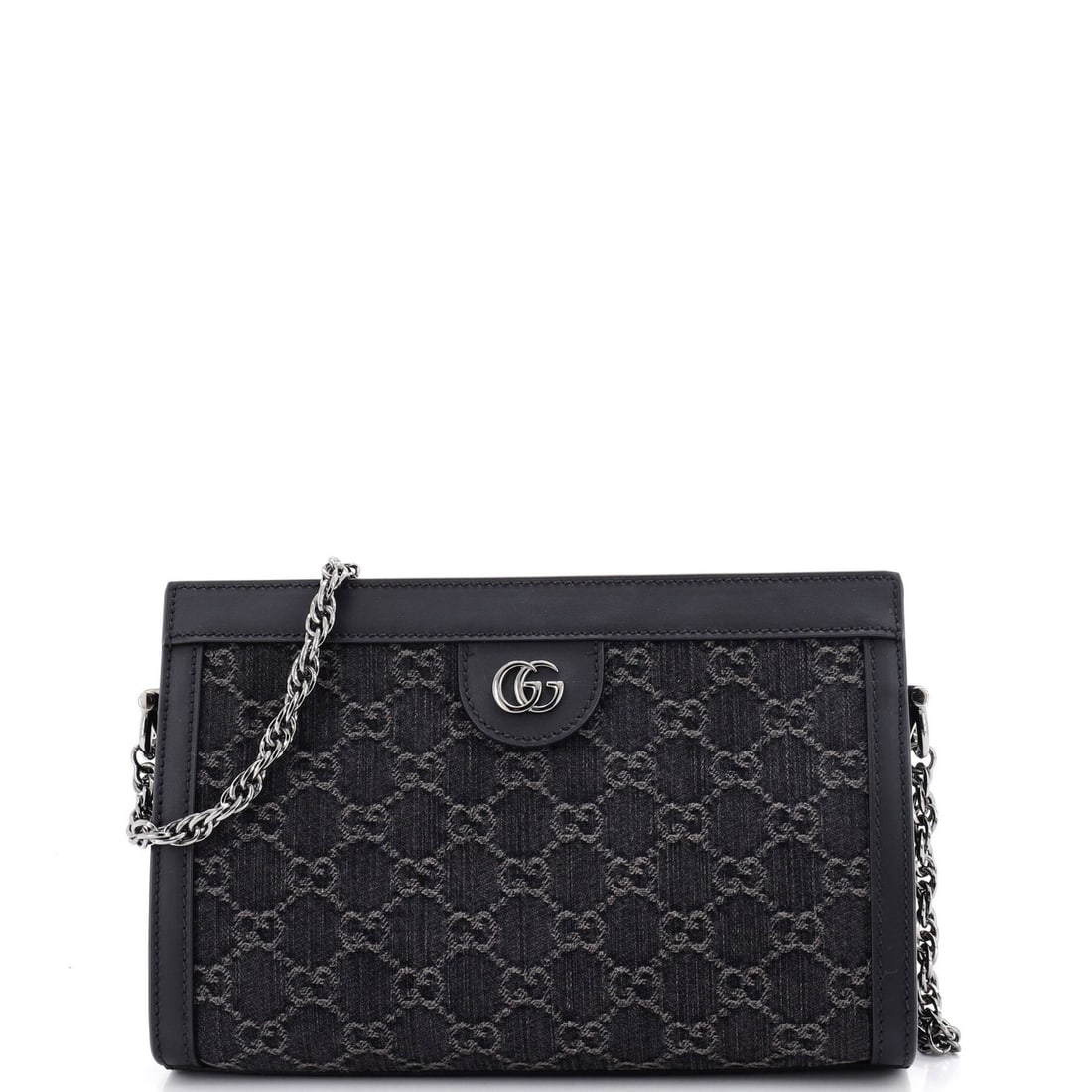 Gucci Ophidia Chain Denim Small GG Bag Shoulder: Gucci Ophidia Chain Denim Small GG Bag Shoulder Black Gucci Ophidia Chain Denim Small GG Bag Shoulder with a classic shoulder design, measuring 7" tall, 10" wide, and 3.5" deep. The exterior features