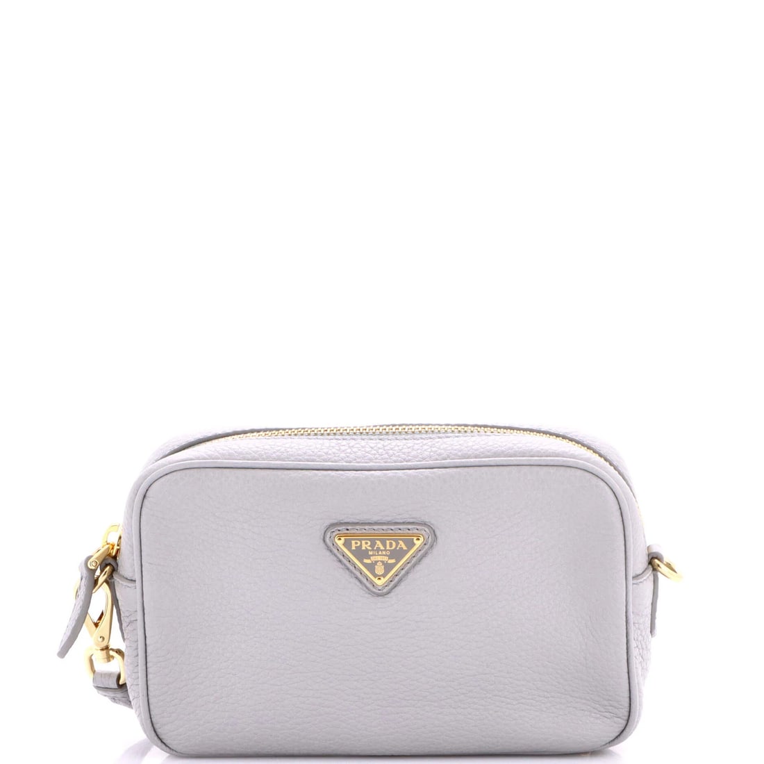 Vitello Soft Mini Camera Prada Bag: Vitello Soft Mini Camera Prada Bag Gray Vitello Soft Mini Camera Prada Bag with Gold Hardware, featuring a sleek cross-body design and minor creases on exterior and interior. Measuring 4.5" height, 7"