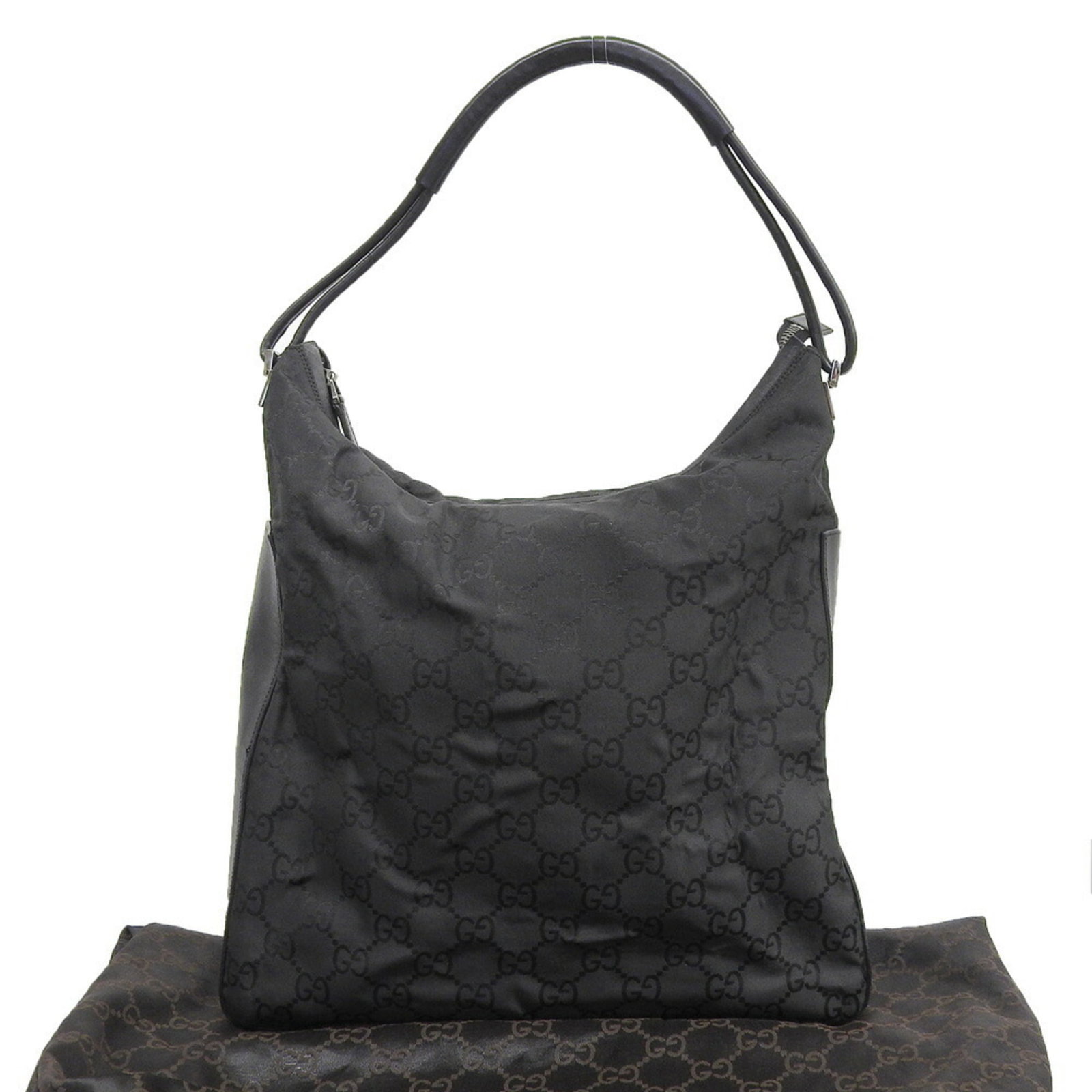 Nylon Leather Bag Shoulder Gucci: Nylon Leather Bag Shoulder Gucci Nylon Leather Bag Shoulder from Gucci, featuring a black color with a mix of nylon and leather materials, measuring 33cm x 34cm x 9.5cm. This shoulder bag boasts a