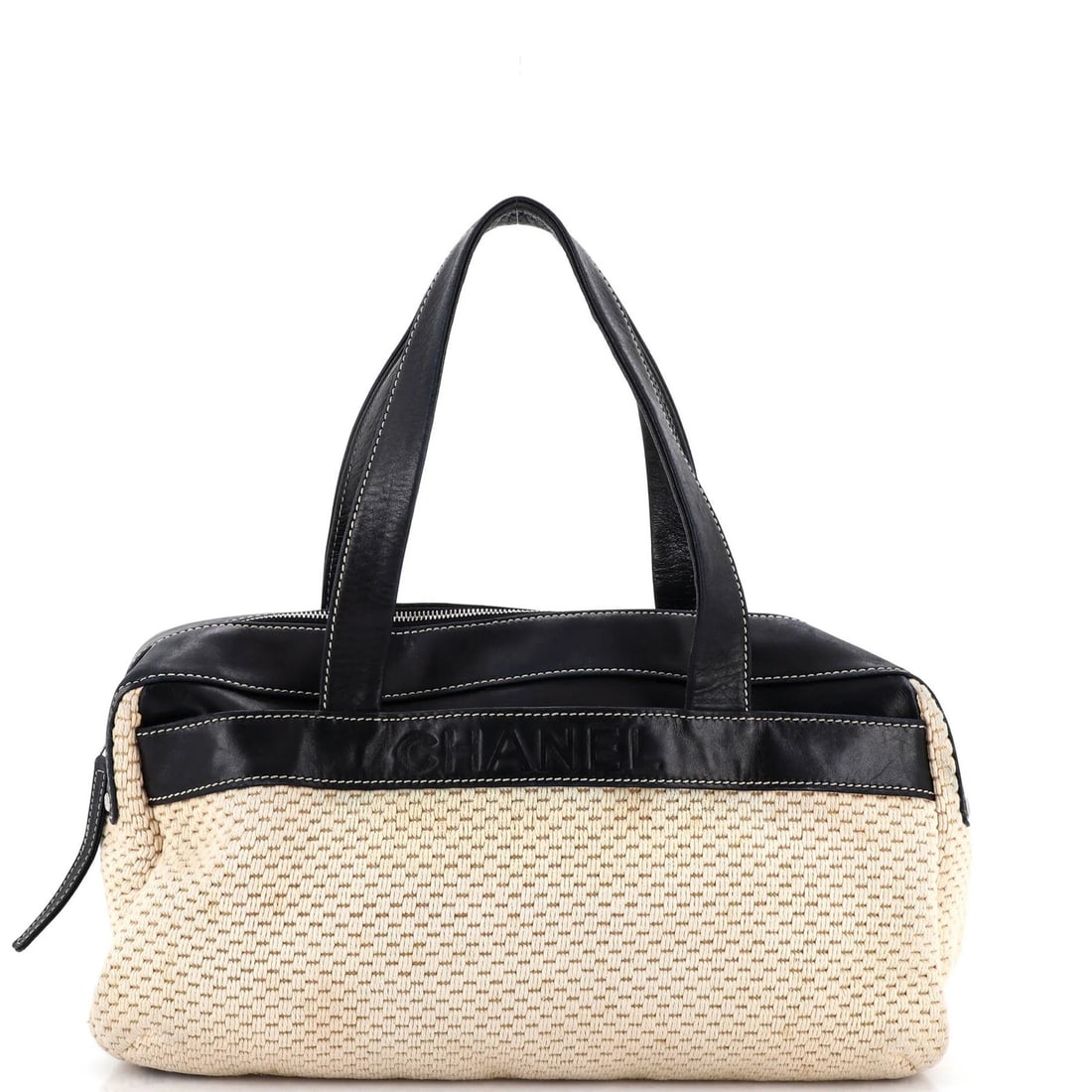 Bowler Bag Leather Chanel Woven Fabric: Bowler Bag Leather Chanel Woven Fabric Bowler bag with a unique blend of leather and woven fabric exterior, featuring heavy discoloration, creases, and scuffs. The interior boasts a strong perfume