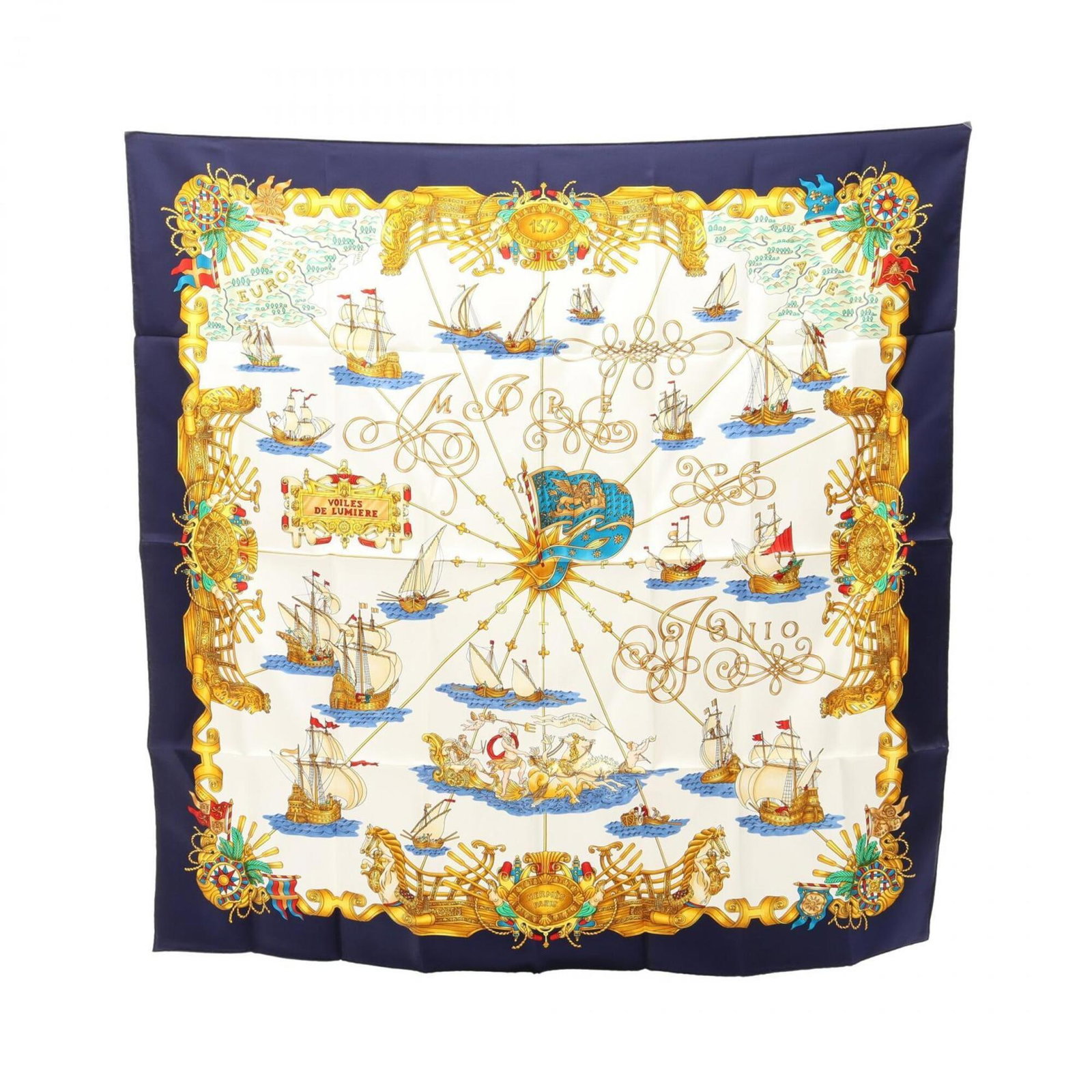 Silk Hermes Scarf: Silk Hermes Scarf Silk from renowned French fashion house Hermes, this scarf boasts a unique multi-color, navy, and white design. Measuring 89cm x 89cm, it is crafted from high-quality silk, making it