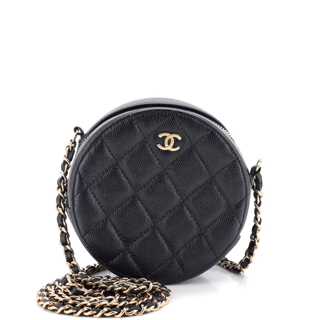 Round Clutch Chanel Mini Caviar Quilted Chain: Round Clutch Chanel Mini Caviar Quilted Chain Black leather Chanel mini cross body bag with a round clutch and chain quilted caviar design, featuring a 23" strap drop and a compact size of 5" x 4.5" x