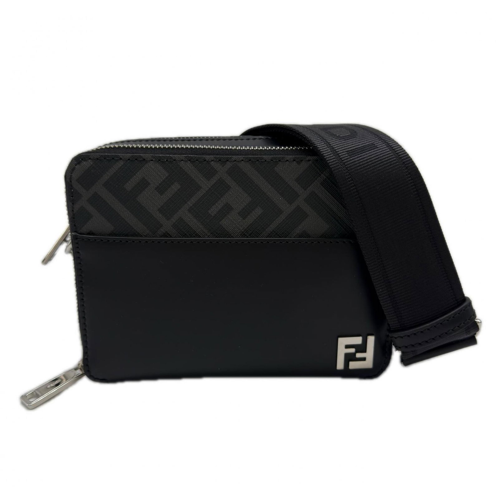 Shoulder Bag Canvas Leather Fendi Pouch: Shoulder Bag Canvas Leather Fendi Pouch Canvas and leather come together in this sleek Fendi shoulder bag, featuring a black and gray color scheme and a compact size that's perfect for everyday carry.