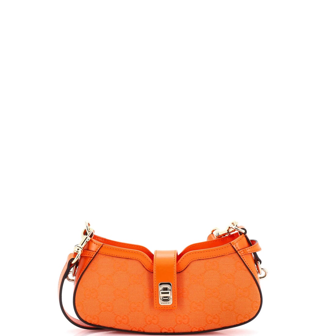 Moon Side Bag GG Canvas Mini Gucci: Moon Side Bag GG Canvas Mini Gucci The Moon Side Bag GG Canvas Mini Gucci is a vibrant orange canvas shoulder bag with gold hardware, featuring a signature GG canvas design. Measuring 4" tall and