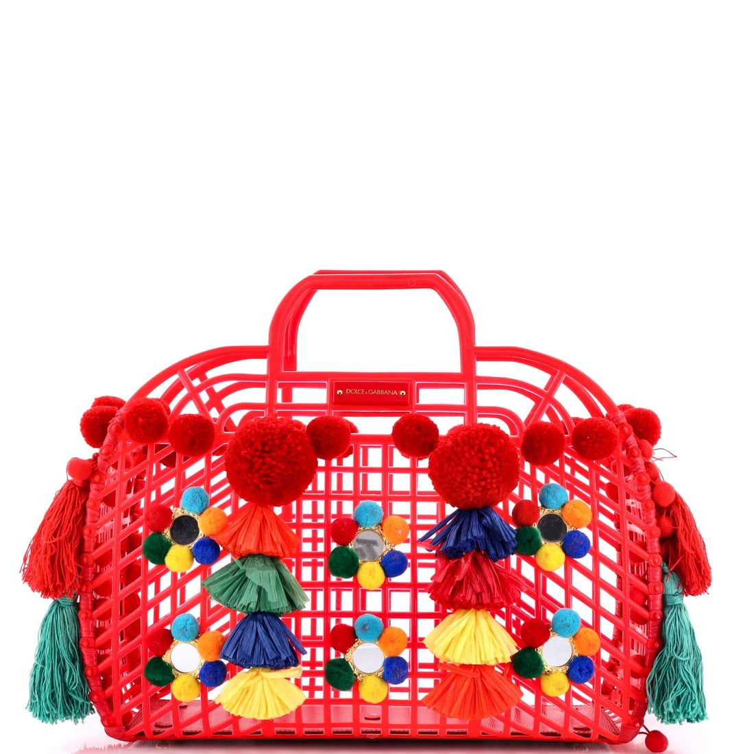 Dolce & Gabbana Kendra Pom-Pom Shopping Bag PVC: Dolce & Gabbana Kendra Pom-Pom Shopping Bag PVC The Dolce & Gabbana Kendra Pom-Pom Shopping Bag PVC is a striking, all-red tote with a distinctive pom-pom design. Measuring 11" tall, 13" wide, and 5"