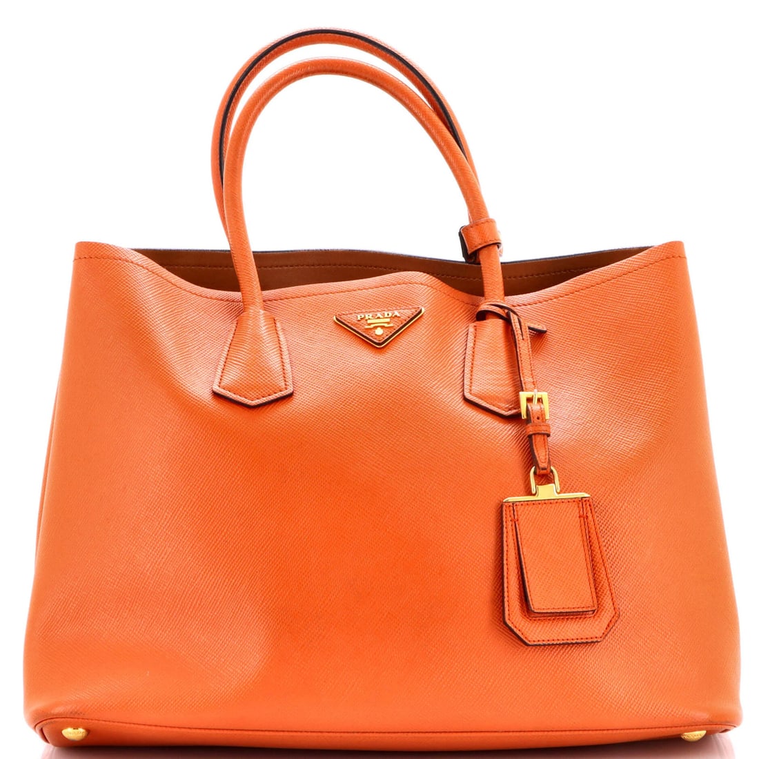 Saffiano Leather Cuir Tote Double Prada Medium: Saffiano Leather Cuir Tote Double Prada Medium Saffiano Leather Cuir Tote Double Prada Medium for sale. This Prada Cuir Double Tote features Saffiano leather exterior in orange, with gold hardware