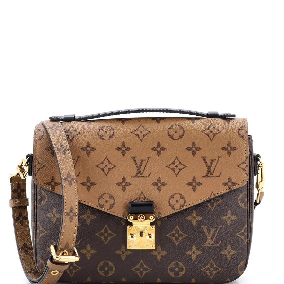Monogram Reverse Canvas Pochette Louis Vuitton: Monogram Reverse Canvas Pochette Louis Vuitton This Louis Vuitton Pochette Metis Reverse Monogram Canvas Cross Body Bag boasts a rich brown exterior with a canvas-coated finish, featuring the iconic
