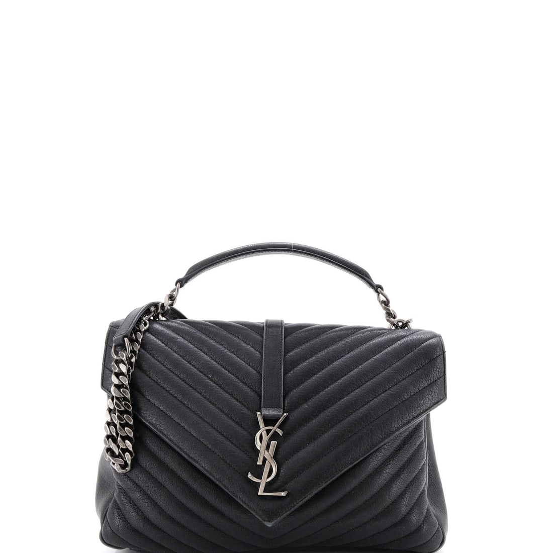 Classic Monogram Saint Laurent College Leather Large Matelasse Bag Chevron: Classic Monogram Saint Laurent College Leather Large Matelasse Bag Chevron Classic Monogram Saint Laurent College Leather Large Matelasse Bag Chevron in Black. This iconic shoulder bag features a