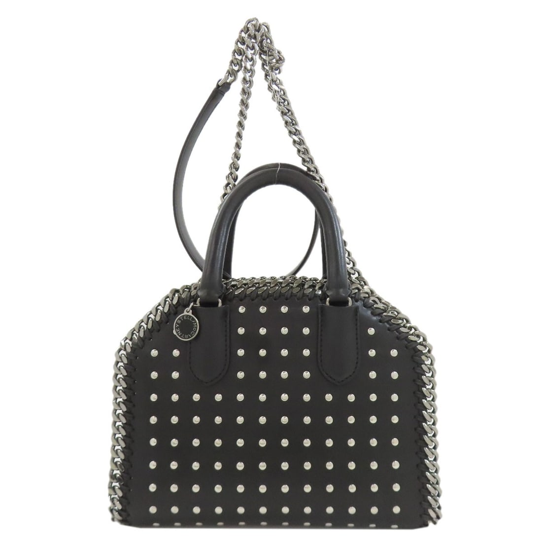 Mccartney Falabella Box Handbag Studs Polyester 2Way Stella: Mccartney Falabella Box Handbag Studs Polyester 2Way Stella Stella McCartney's Falabella Box Handbag features a sleek black design with a 7.5 inch height and 4.3 inch depth. The bag's exterior is