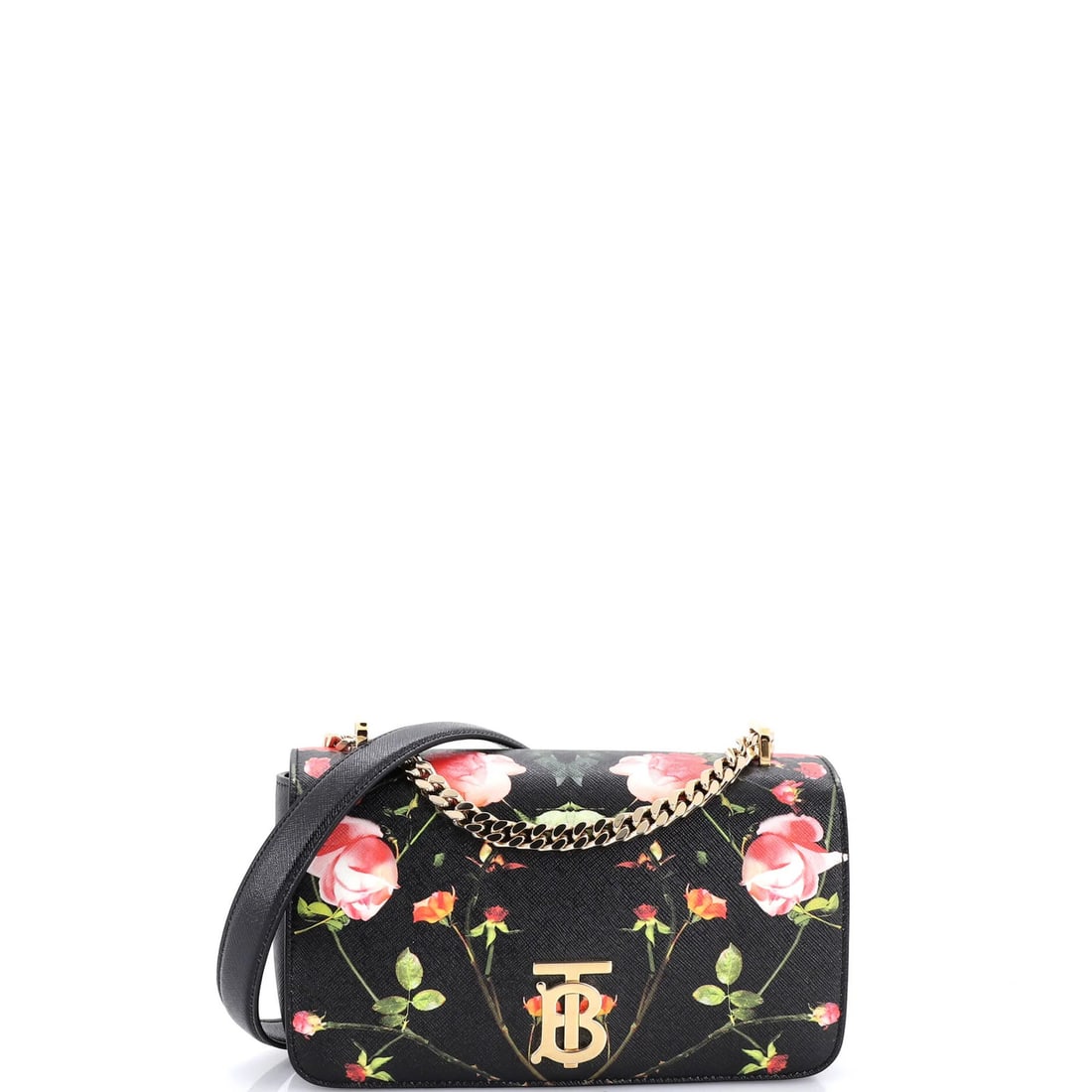 Burberry Printed Mini Leather Chain Flap Bag TB: Burberry Printed Mini Leather Chain Flap Bag TB Burberry's iconic mini leather chain flap bag is a stylish and versatile accessory, boasting a vibrant print and gold hardware. This mini TB bag