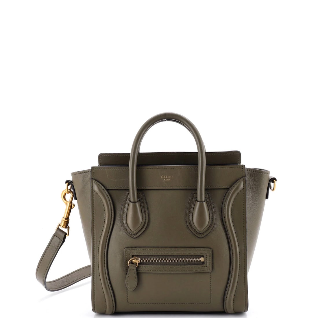 Luggage Bag Smooth Leather Nano Celine: Luggage Bag Smooth Leather Nano Celine Smooth leather exterior, a stylish touch, with a classic cross body design. This Celine luggage bag features a green exterior, gold hardware, and a spacious