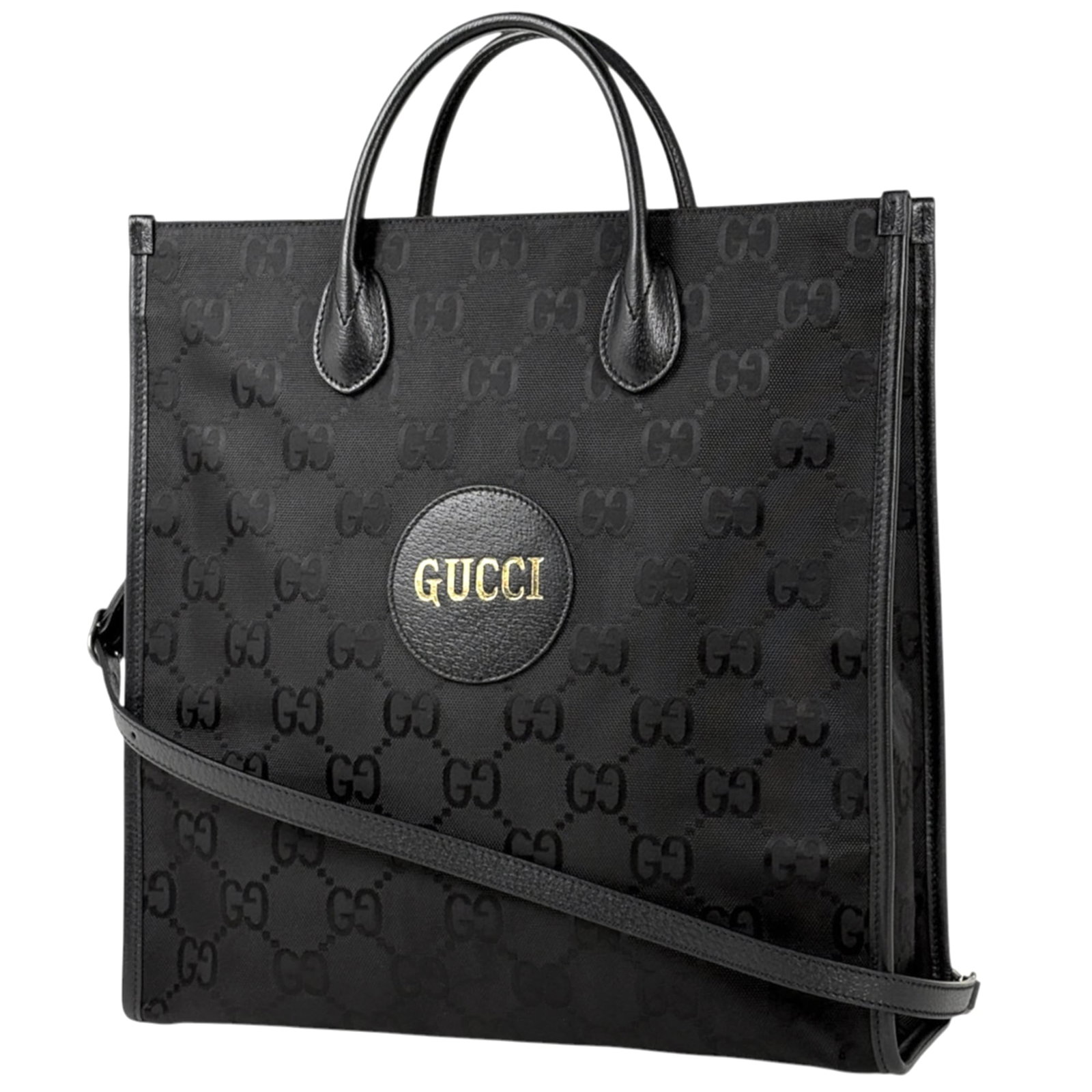 Nylon Leather Gucci Bag Tote: Nylon Leather Gucci Bag Tote Nylon and leather combine in this Gucci tote bag, available in black. Measuring 37cm x 36cm x 12cm, it features a unique blend of materials and a sleek design. The bag's