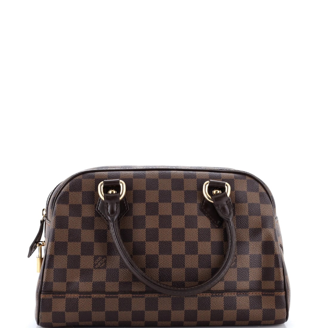 Louis Vuitton Damier Boston Bag: Louis Vuitton Damier Boston Bag The Louis Vuitton Damier Boston Bag boasts a rich, brown canvas exterior with subtle scuffs and minor creases, showcasing the iconic Damier pattern. Measuring 8" high,