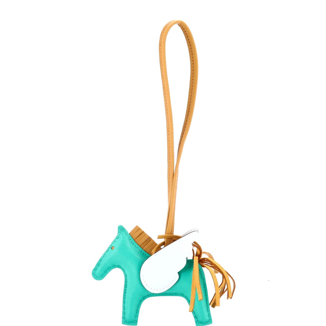 Hermes Pegase Rodeo Leather Bag Charm: Hermes Pegase Rodeo Leather Bag Charm The Hermes Pegase Rodeo Leather Bag Charm is a stunning accessory featuring a rich green leather exterior with pink accents, measuring 3" x 3.5" x 1". This