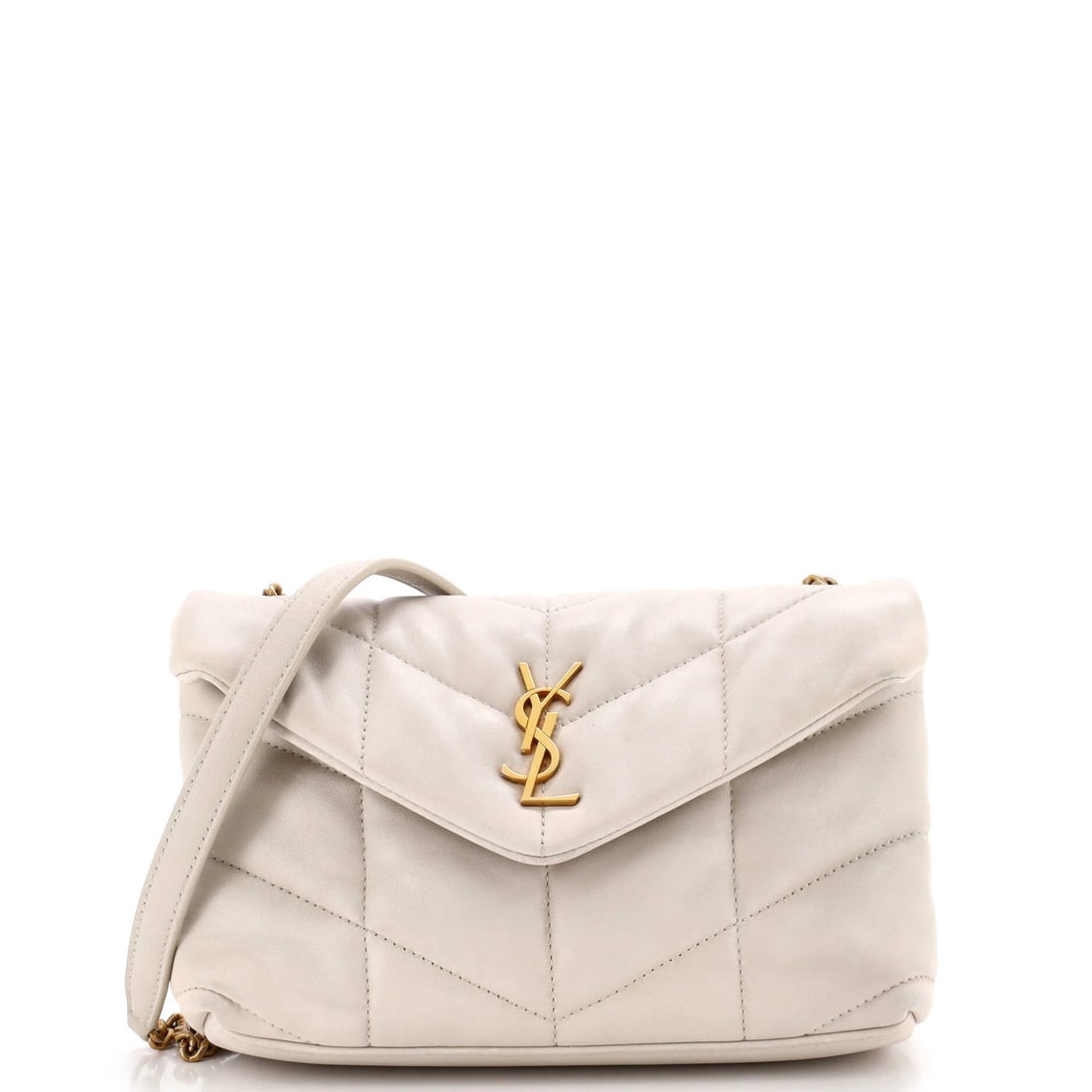 Mini quilted leather bag Saint Laurent Loulou puffer shoulder: Mini quilted leather bag Saint Laurent Loulou puffer shoulder Mini quilted leather bag with a puffer shoulder design, featuring white exterior and black interior, in a compact cross body style.