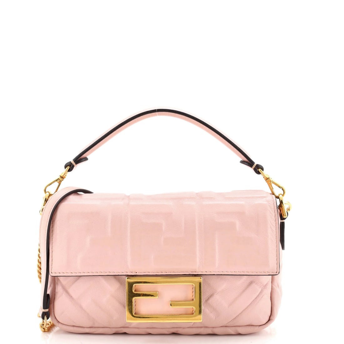 Baguette Zucca Fendi Leather Mini Embossed NM Bag: Baguette Zucca Fendi Leather Mini Embossed NM Bag Pink Fendi Leather Mini Baguette Zucca Embossed Cross Body Bag with gold hardware, featuring a 22" strap drop and a compact size of 5" x 7" x 2". The 