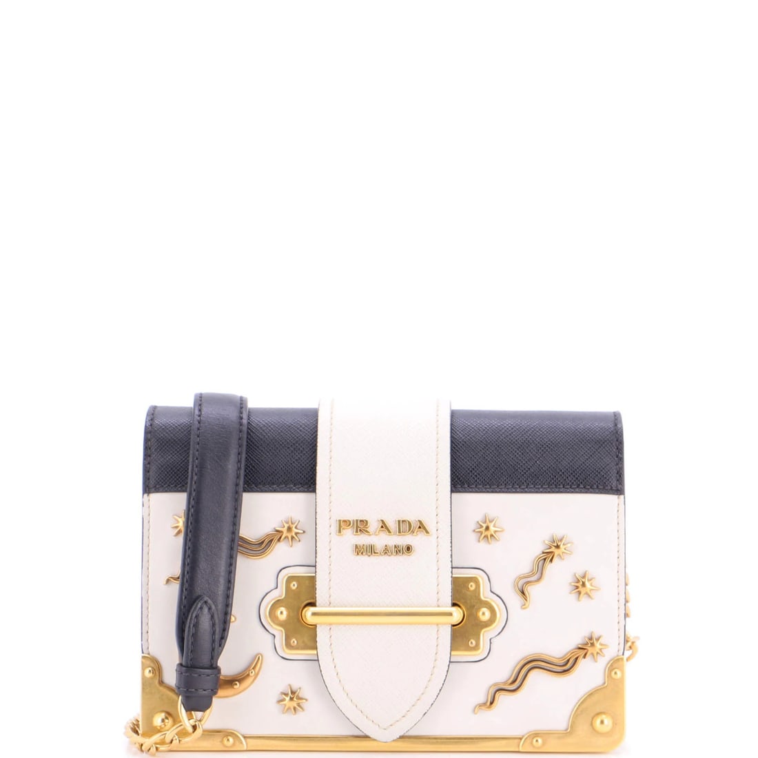 Small Crossbody Bag Leather Embellished Cahier Prada: Small Crossbody Bag Leather Embellished Cahier Prada White leather Cahier crossbody bag with gold hardware, featuring a small size and adjustable strap drop of 17.5-21.5". This Prada Cahier crossbody