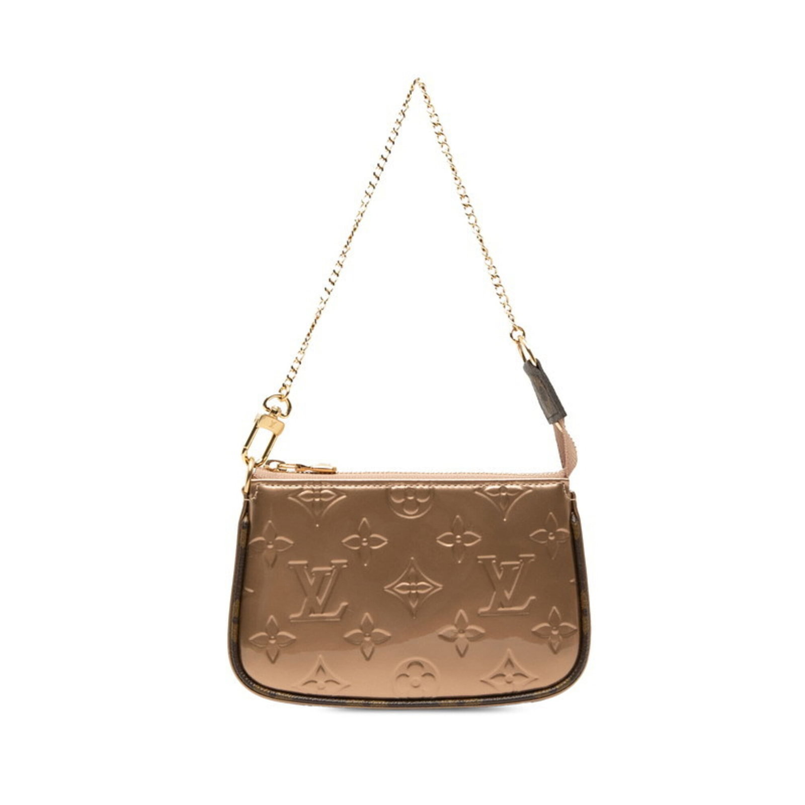 Louis Vuitton Leather Pouch Patent Bag Clutch: Louis Vuitton Leather Pouch Patent Bag Clutch Rose gold patent leather envelops this sleek Louis Vuitton clutch, measuring 9.5cm x 15cm x 3.5cm. The bag's patent finish adds a touch of luxury to its