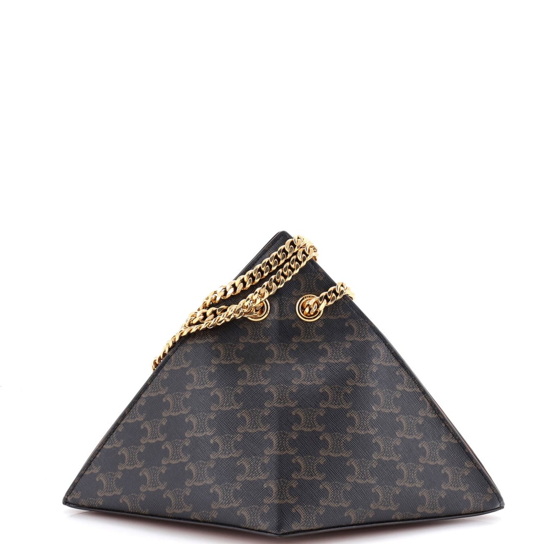 Celine Pyramid Chain Shoulder Bag Triomphe Coated Canvas: Celine Pyramid Chain Shoulder Bag Triomphe Coated Canvas The Celine Pyramid Chain Shoulder Bag Triomphe Coated Canvas is a stylish and versatile shoulder bag with a rich, brown canvas exterior and