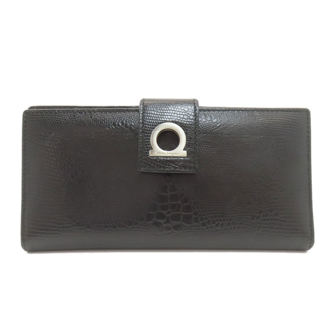 Salvatore Ferragamo Gancini Hardware Motif Long Wallet (With Coin Pocket): Salvatore Ferragamo Gancini Hardware Motif Long Wallet (With Coin Pocket) Black leather Salvatore Ferragamo Gancini hardware motif long wallet with a coin pocket, showcasing the iconic brand's