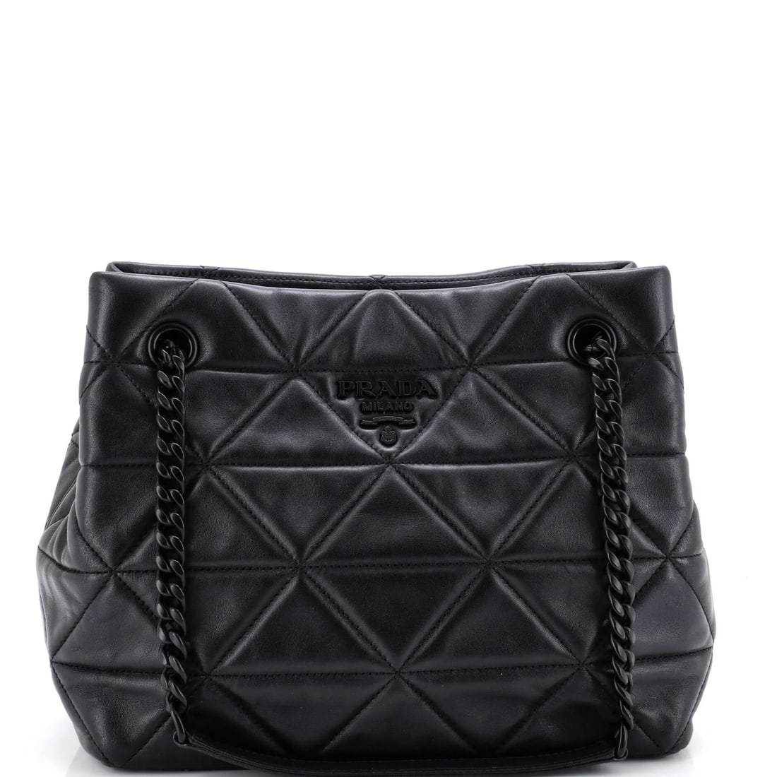 Nappa Leather Medium Quilted Tote Spectrum Prada: Nappa Leather Medium Quilted Tote Spectrum Prada Black Nappa Leather Medium Quilted Tote with Spectrum Prada Style, featuring scuffs, corner wear, and minor creases on the exterior, and minor scuffs